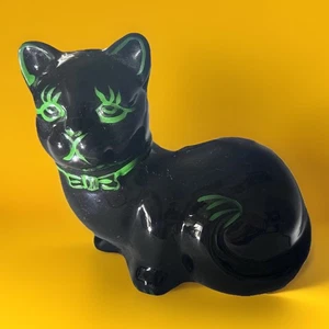 Statuina vintage gatto nero occhi verdi decorazione Halloween retrò firmata 5,5" - Foto 1 di 13