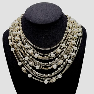 Elegant Multi Chain Bead Faux Pearl Gold Tone Layered Necklace Vintage 18 Inch - Picture 1 of 24
