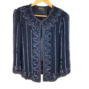 Vintage Kuku Esprit de Soir Black Pure Silk Beaded Sequin Jacket UK S - Picture 1 of 6