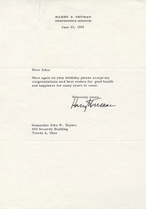 1965 Präsident Harry Truman signierter Brief TLS BAS - Bild 1 von 4