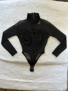 Vintage Tadashi Shohi Body schwarz Netz Spitze Gr. M Stehkragen sexy Druckknopf Blumen - Bild 1 von 10