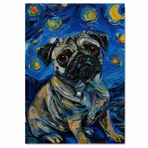 Pug Dog Starry Night Art Print Flat Rolled, Framed or Wrapped Canvas - Picture 1 of 19