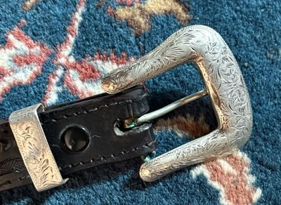 De colección Fritch Brothers Plata Esterlina Hebilla de Cinturón 42” Cinturón de Cuero Tooled Western Foto 1 de 4