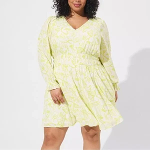 Torrid Yellow Green Floral Mini Wash Gauze Wide Waist Skater Dress 2X 40261123 - Picture 1 of 15