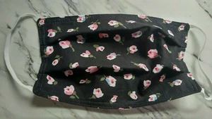 WENDE-Gesichtsmaske, Tuch Handarbeit, waschbar-100% Watte Rosenknospen schwarz rosa - Bild 1 von 4