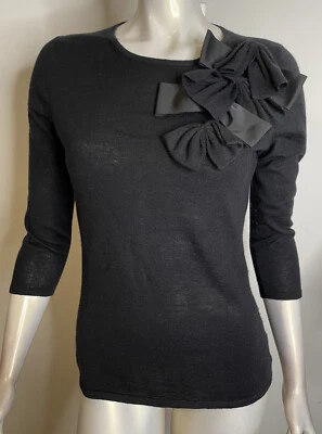 Suéter tejido Saks Fifth Avenue negro cachemir seda top M lazo mangas 3/4 Foto 1 de 4