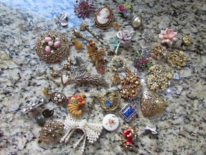 HUGE LOT VINTAGE PINS BROOCHES BEAUTIFUL FLOWERS CAMEO RHINESTONES + FREE SHIP - Picture 1 of 12