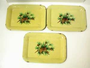 3x SMALL VINTAGE METAL PINE CONE SERVING TRAYS WOOD GRAIN TV FOOD TRAYS - Picture 1 of 9