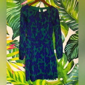 Milly of New York 4 Green Purple Leaf Print Silk Blend Long Sleeve Fall Dress - Picture 1 of 11