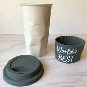 Starbucks 2013 Ceramic Faceted Tumbler Silicon Lid & Sleeve “World’s Best” 10 oz - Picture 1 of 7