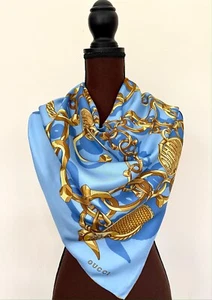 New Gucci Scarf GG Logo Chains Blue Gold Silk Scarf Wrap with Gucci Gift Box - Picture 1 of 11