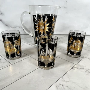 VTG 4 Pc Starburst Black & Gold Christmas Pitcher Delmonico Glasses - Picture 1 of 18