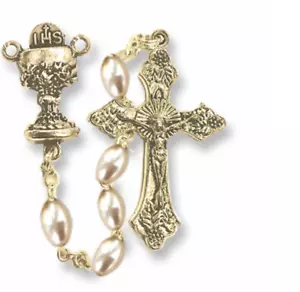 IMITATION PEARL BEADS ROSARY CRUCIFIX CROSS AND CHALICE CENTER - Picture 1 of 1