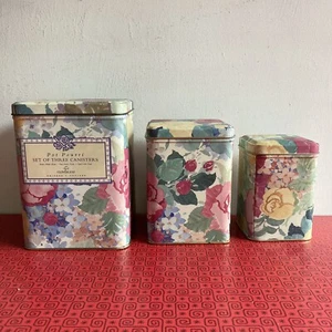 Three Nestling Metal Tin Canisters By Cloverleaf Floral Pattern Country Cottage - Picture 1 of 7