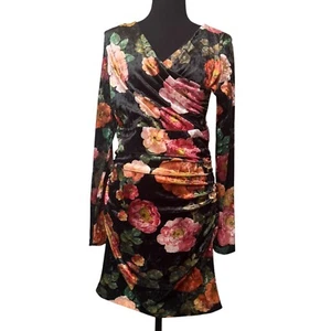 Guess Floral Tess Velvet Mini Dress Size M Wrap Front Zip Ruched Sides Body Con - Picture 1 of 12
