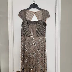 Adrianna Papell Size 12 Beige Nude Beaded Sequin Gown Dress Art Deco Gatsby Glam - Picture 1 of 24