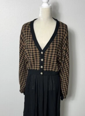 Cárdigan Suéter Free People Botón Recortado Cuadros Cuadros Marrón Negro Nuevo L Foto 1 de 4