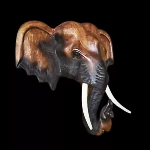 Wooden Elephant Head Bust Sculpture Hand Carved Wall Art Home Office Decor Gift - Picture 1 of 12
