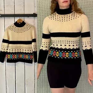 Vintage 60s Black & Ivory Wool Floral Mid Century Sweater by Nan Dorsey size S/M - Picture 1 of 14