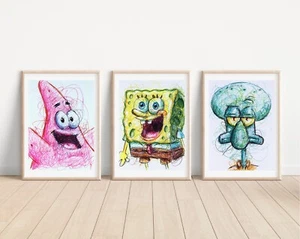 Spongebob Squarepants Ballpoint Pen Print Set, Cartoon Art Poster - Picture 1 of 2