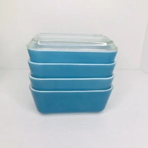 Vintage Pyrex Refrigerator Dish 502-B Blue 1.5 Pint Set Of 4 W/ 1 Lid 502-C - Picture 1 of 12