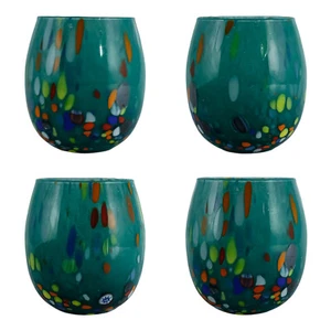 Set of Four 4 Murano Drinking Glasses Tumbler Green Multi Handmade Millefiori - Picture 1 of 10