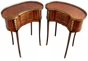 Early 20th-C Louis XV Marquetry Inlaid Kidney Shaped Bed / Side Table, a Pair - Picture 1 of 12