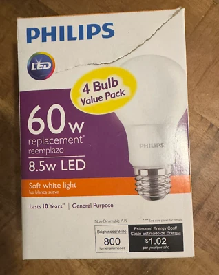 Philips LED 60w/8.5w A19 Light Bulb, Soft White, Dimmable 4-Pack - Image 1 of 2