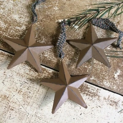 Set/3 Tan Metal Barn Stars Star 3.5" Primitive Farm Cabin Ornaments Double Sided - Image 1 of 4
