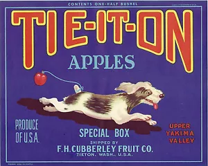 Seltene Original Tie-it-On blaue Halbbox Apfelkiste Etikett Tieton Cubberley - Bild 1 von 1
