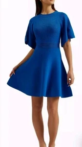 Nwt TED BAKER Olivia BLUE Rib Knit FLUTTER SLEEVE Back-Zip SKATER DRESS 3 (US 8) - Picture 1 of 7
