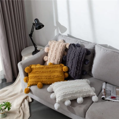 Modern Boho Tassel Fur Ball Solid Colour Cotton Jacquard Ball Cushion Cover - Image 1 of 2