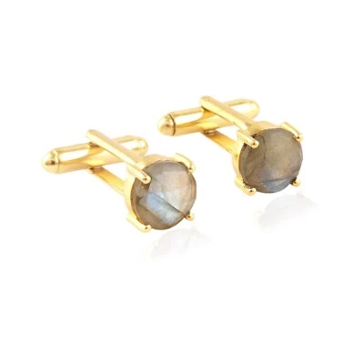 Round Shape Blue Fire Labradorite Gold Plated Prong Set Men's Jewelry Cufflink - Image 1 of 3