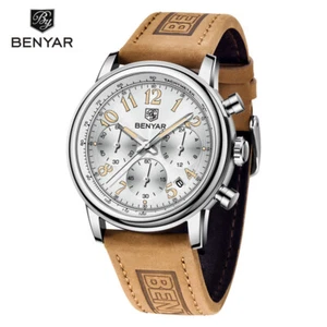 Benyar Watch Chronograph Date Men Quartz Wristwatch Leather Band 50m Waterproof - Picture 1 of 15