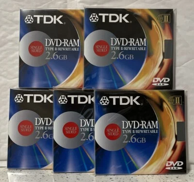 TDK DVD-RAM26SY2 2.6GB Single Sided Disc Type 2/REWRITABLE Pack Of 5 New - Image 1 of 4