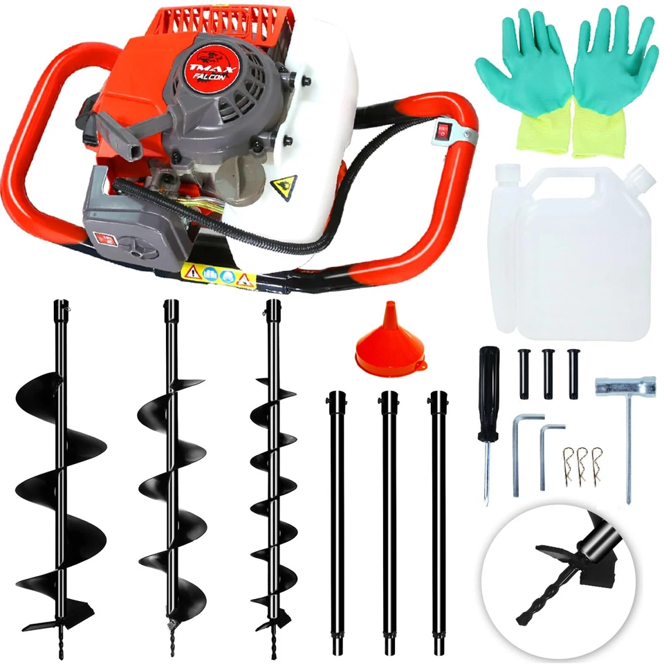 62CC 2.1KW Gas Post Hole Auger Digger W/ 3 Bits (3" 5" & 8")+3 Rods(24"24"24") - Image 1 of 4