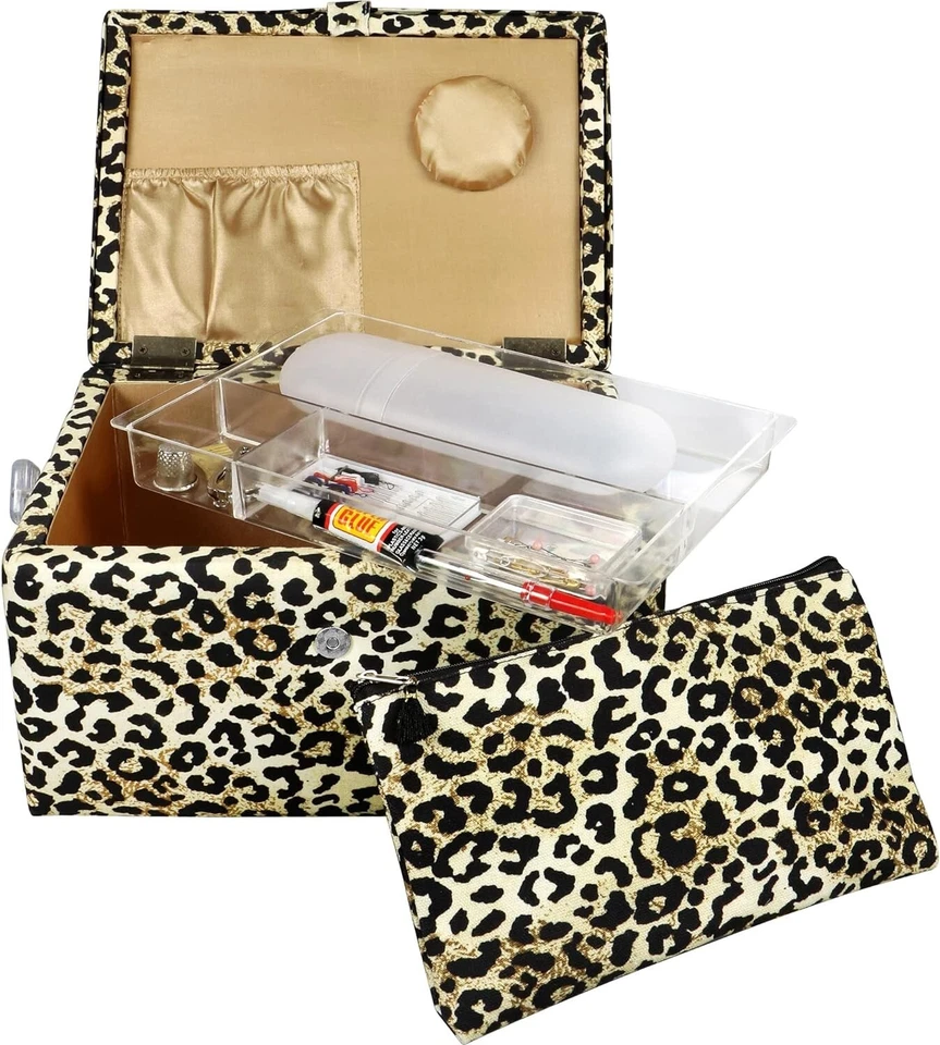 Cesta de costura SINGER grande premium estampa de leopardo com kit de costura de emergência - Imagem 1 de 1
