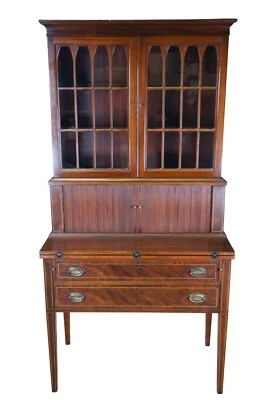 Escritorio y librería vintage Maddox Hepplewhite estilo caoba pandereta Foto 1 de 4