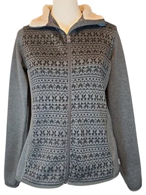 Chaqueta Eddie Bauer Mujer S Gris Fair Isle Cremallera Completa Cuello Sherpa Bolsillos Tejidos Foto 1 de 4