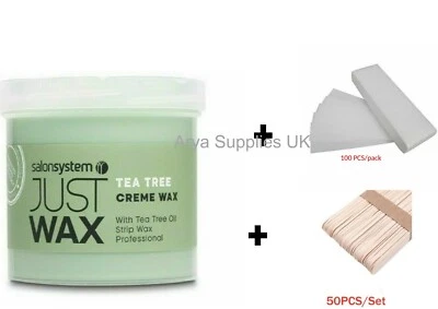 SALON SYSTEM JUST WAX TEATREE Creme Hair Removal Waxing 450G Spatulas and Strips