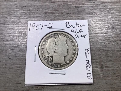 1907 S Barber Silver Half Dollar Semi Key Date in Fine Condition 031724 52qk - Image 1 of 4