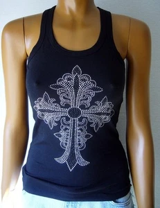SExY TANK TOP KREUZ SCHWARZ STRASS XS S  STRETCH SOMMERFEELING HOT NATC - Bild 1 von 2