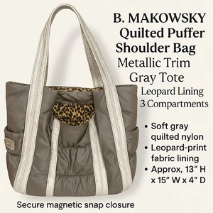 B. Makowsky Quilted Puffer Shoulder Bag Metallic Trim Gray Tote Leopard Lining 3 - Picture 1 of 21