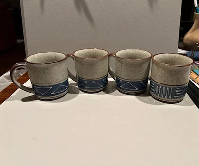Vintage Stoneware Speckled Geometric Coffee/Tea Mugs Set Of 4 Brown Blue 8oz - Image 1 of 4