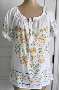 One World White Floral Short Sleeve Drawstring Peasant Top Large - Picture 1 of 9