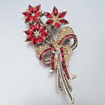 雅芳 2013 Poinsettia 花金色圣诞红色玻璃胸针大号 3.5 — 第 1/4 张图片