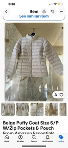 Beige Puffy Mantel Gr. XL mit Reißverschlusstaschen & Beutel von Amazon Essentials…Neu! - Bild 1 von 7