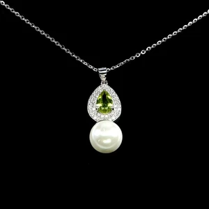 925 Sterling Silver Necklace Pear Peridot 8x6mm Mop Natural Gemstone Jewelry 18 - Picture 1 of 13