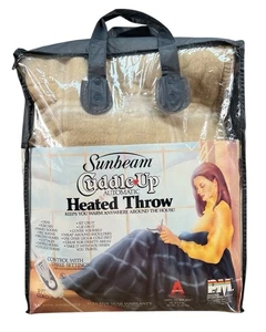 Vintage 1987 Sunbeam Cuddle Up Automatic Heated Throw Beige White Plaid 50”x60” - Picture 1 of 5