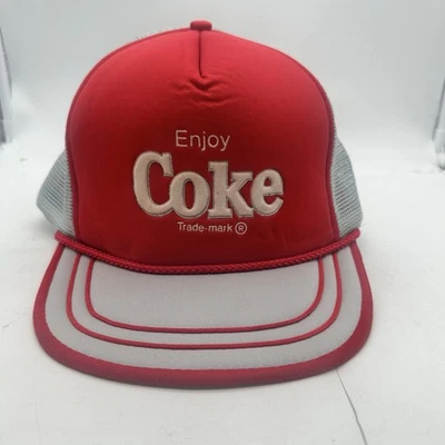 Vintage Coke Hat Cap Trucker Coca Cola Enjoy Red/Grey Snapback Mesh *READ - Image 1 of 4